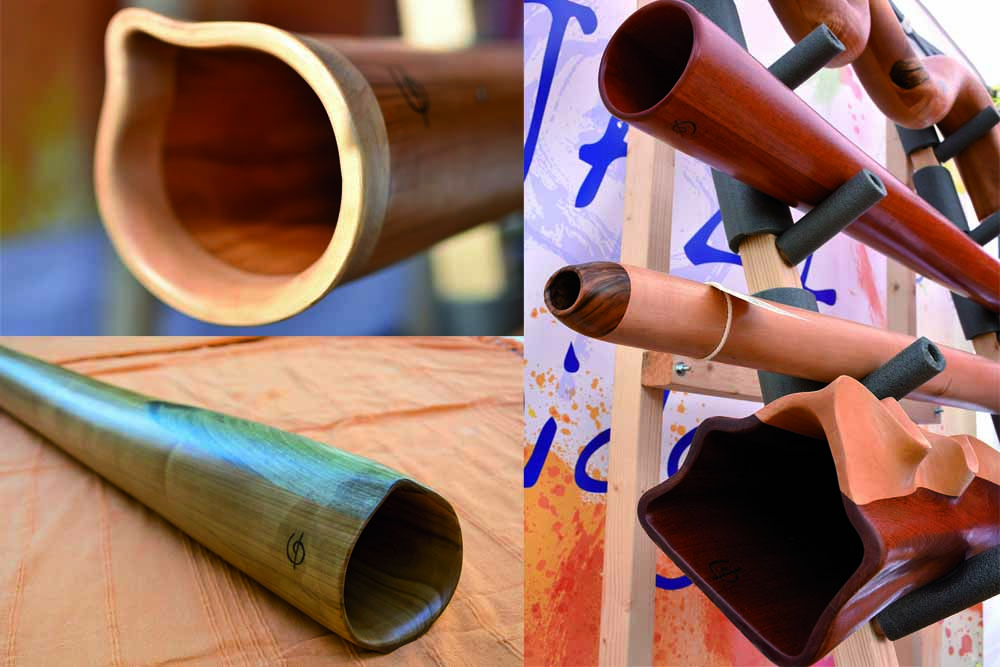 Didgeridoos sculptés à formes compacts rondes, formes de saxophone et aux courbes originales très marqués en sipo, merisier, érable, tilleul et frêne